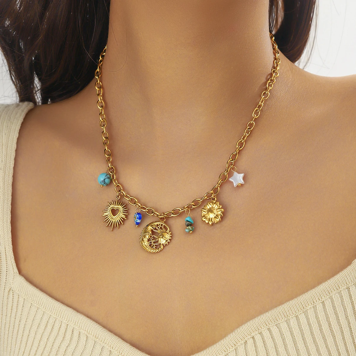DIEYURO 316L Stainless Steel Flower Calaite Heart Sun Multiple Pendant Necklace For Women New Fashion Neck Chain Jewelry Gift