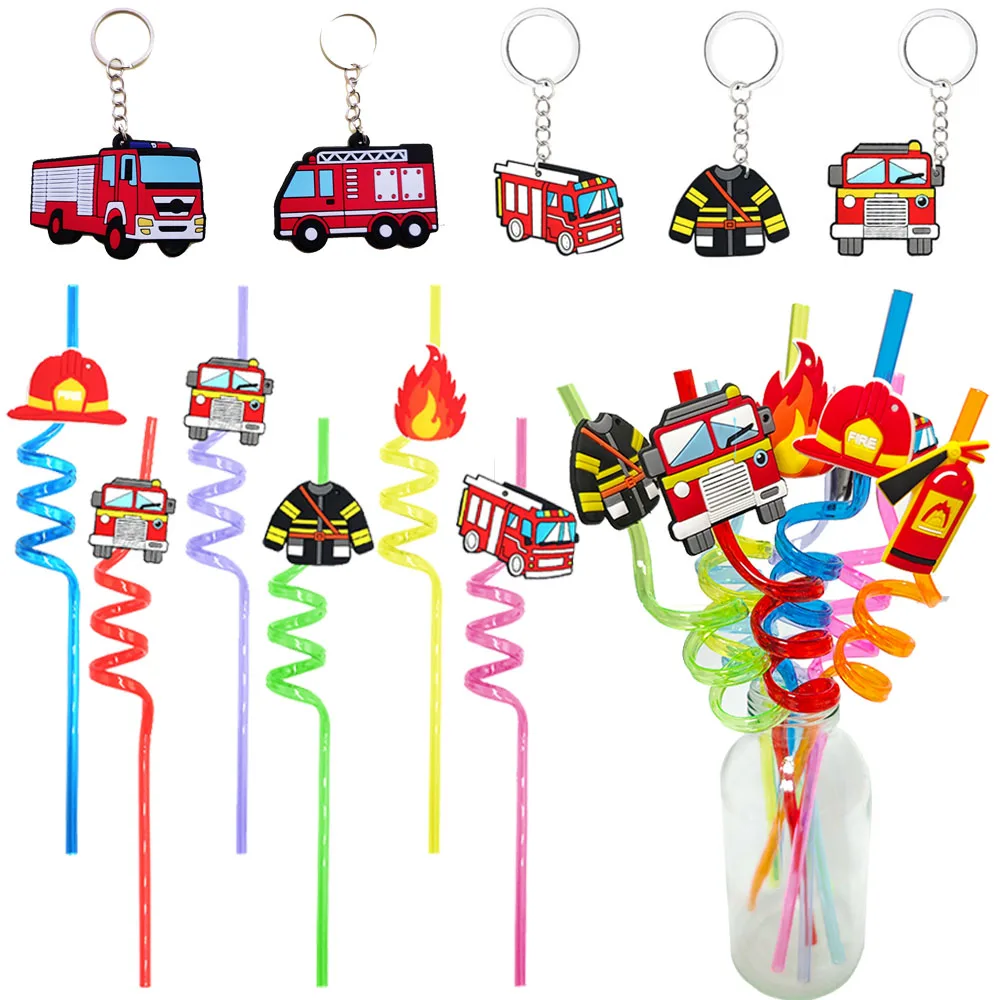 Fire Truck Party Plastic Straw Reusable Kids Drinking Straws Firetruck Keychain Gift Boy Fireman Themed Birthday Party Supplies