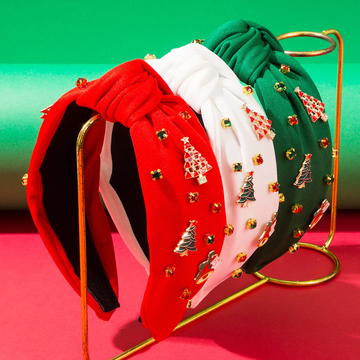 Vintage Holiday Knotted Headband Studded With Mini Christmas Trees Bright Crystal Accents Wide Hair Band For Party Look