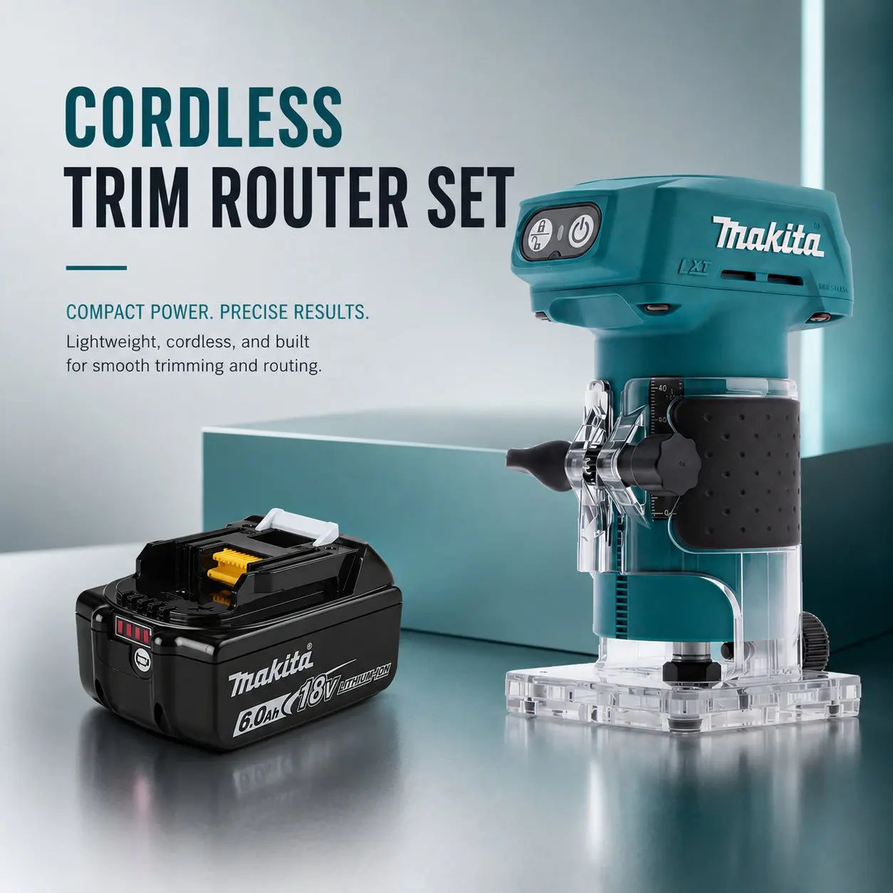 Tragbarer, baustellentauglicher Makita DRT52 18V LXT Akku-Kompaktfräser, handbetriebene Holzbearbeitungsmaschine für präzises Multitasking bei Kantenprofilierung und dekorationsorientierten
