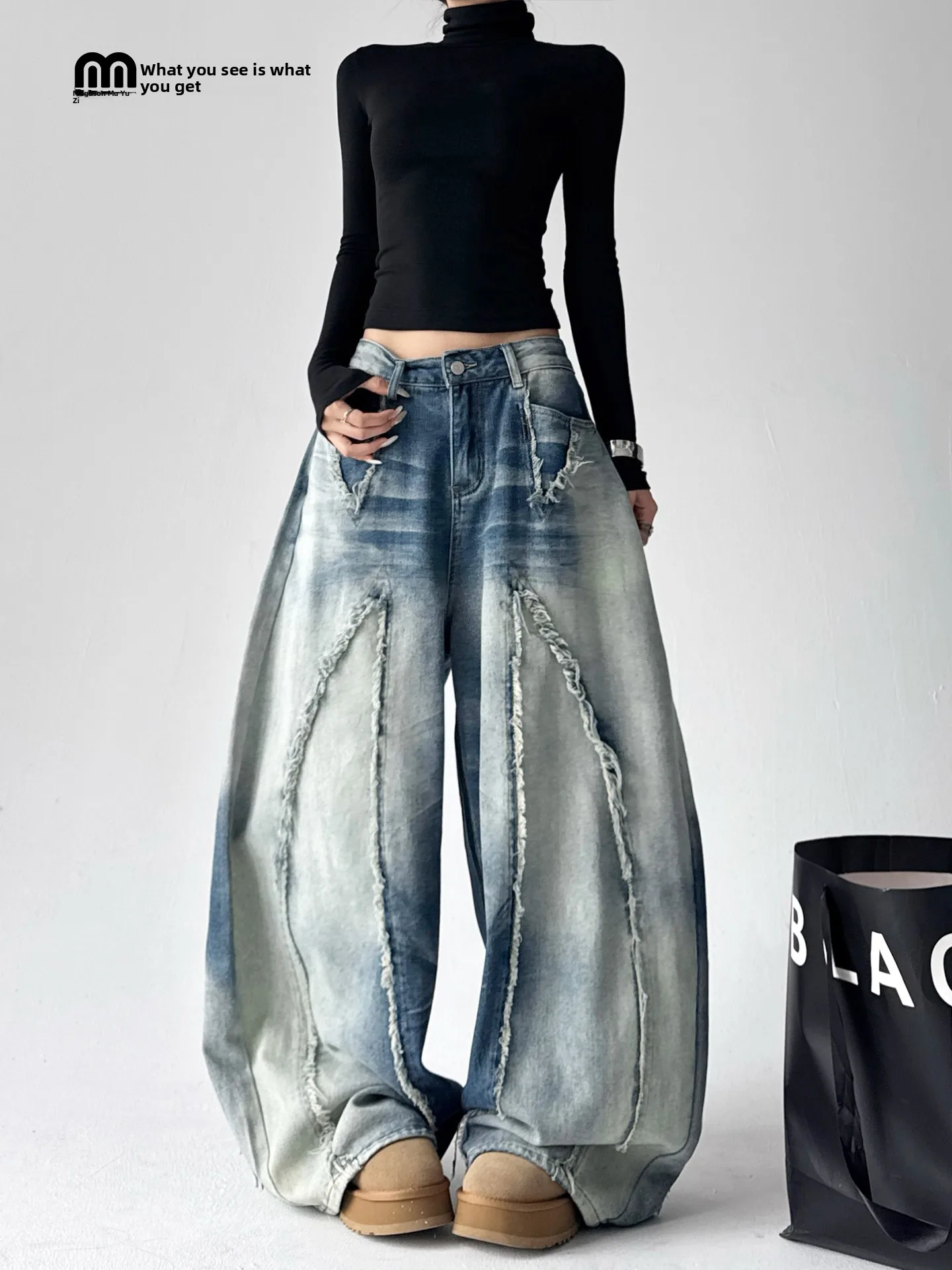 

Винтажные женские джинсы из денима с рваными краями, широкие брюки, повседневные, для студентов, с высокой талией, осенняя мода