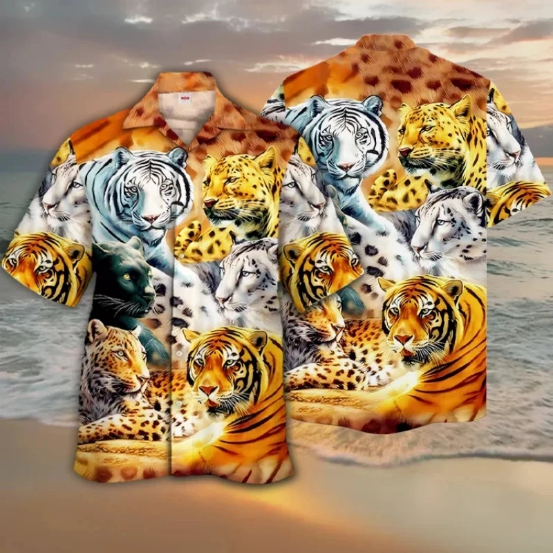 New 3d Animals Print Hawaiian Shirts For Men Forest Tiger Shirts Fashion Man Clothing Retro Loose Oversized Short Sleeve Camisa