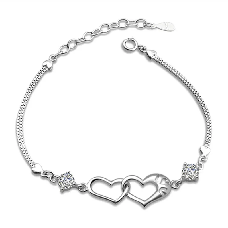 Dubbel Hart Zirkoon Bedels Armband Verzilverde Kleur Vergulde Armbanden Voor Vrouwen Armbanden & Bangles Dames Sieraden 2z35