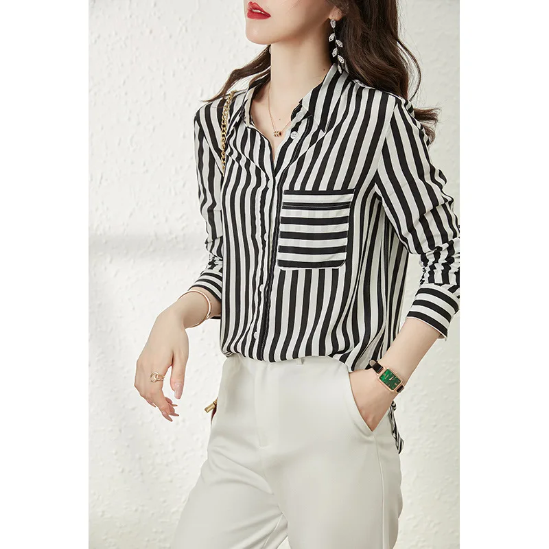 Striped Silk Shirt Women Silk Blouse In Early Spring 2024 Summer New Silk Shirt Mulberry Silk Shirt OL Style