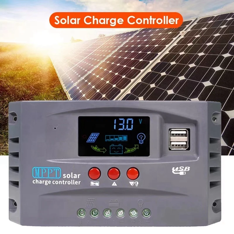 Controlador de carga Solar MPPT de 12V y 24V, pantalla inteligente, protección de controlador estabilizador de voltaje USB Dual