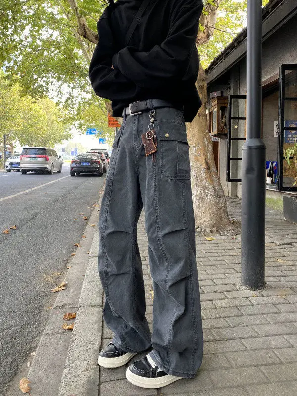 

Retro American Folded Work Pants Men's Spring Autumn Waed Vintage Straight Leg Trousers High Street Slim Fit Casual Pants