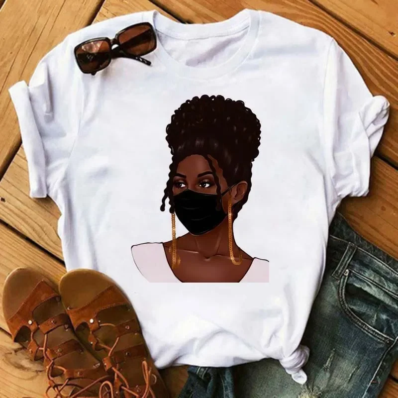 Plus Size Maycaur Women Beautiful African White Funny Print T Shirt Girl Black Queen Harajuku Kawaii 90s Short Sleeves Clothes