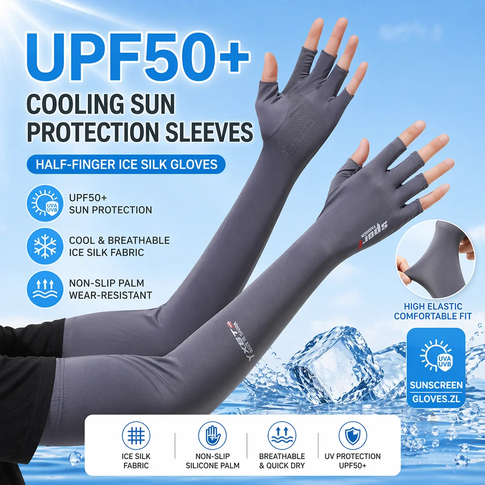 Sun Protection Arm Sleeves Gloves Ice Silk Cooling Breathable Anti-UV Half Finger Stretch Outdoor Driving Cycling Sleeve Gloves