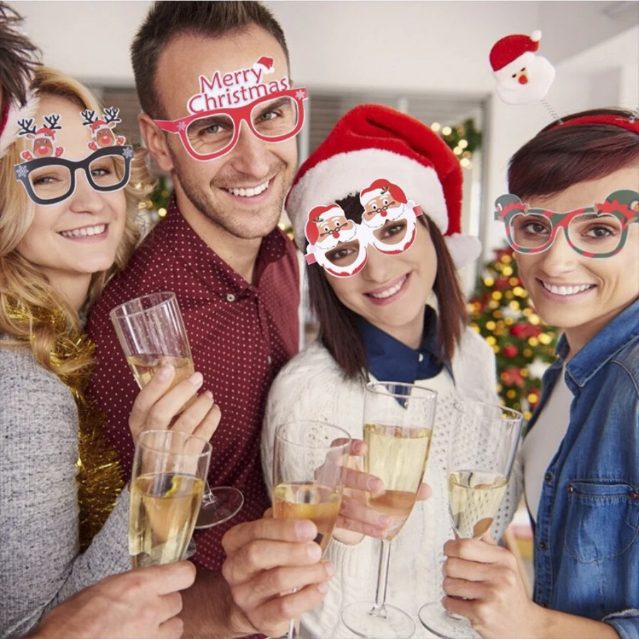 9Pack Christmas Paper Glasses - Festive Photo Booth Props, Santa Snowflake Styles Disposable for Adults Kids Holiday Party Dec