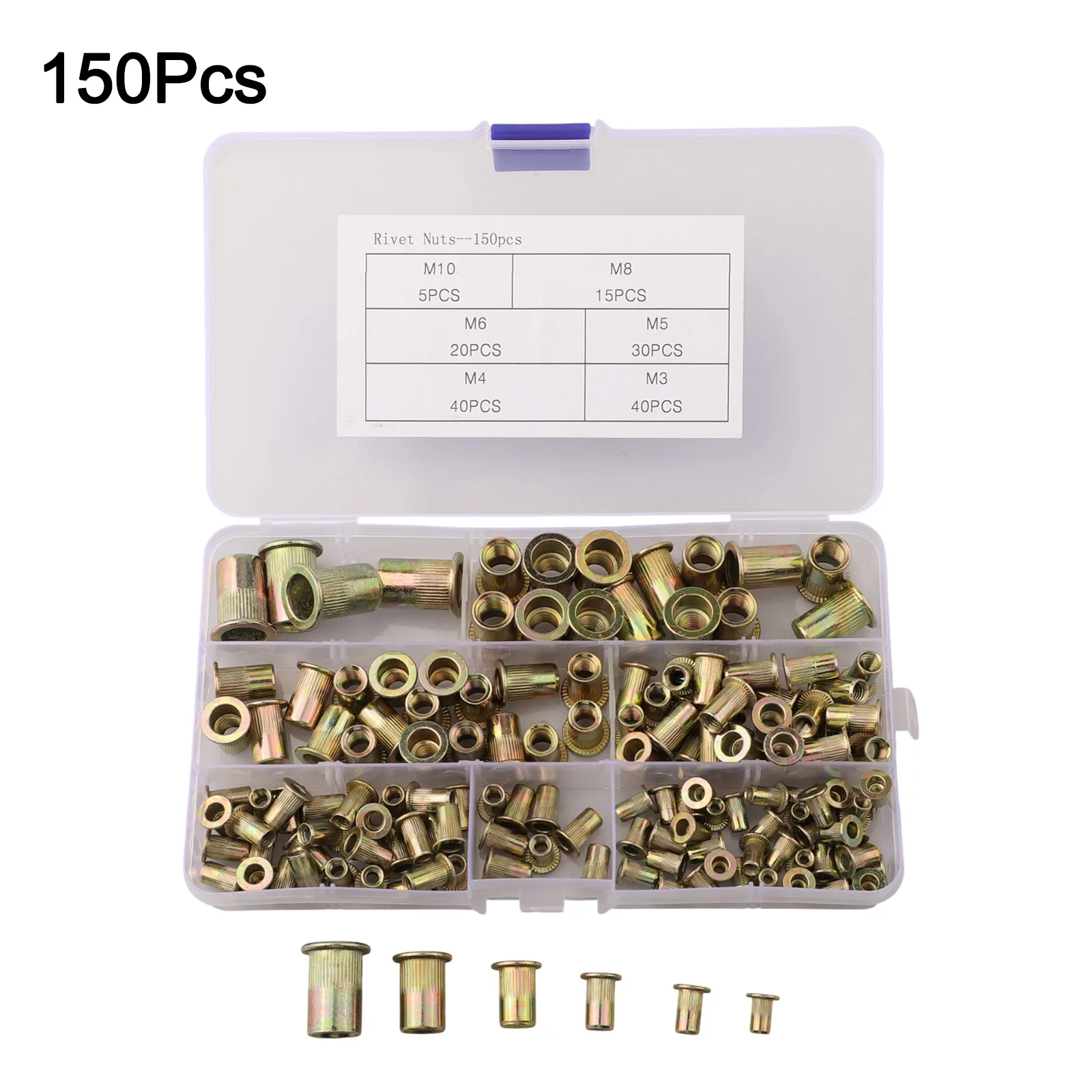 Kit assortimento di dadi per rivetti da 150 pezzi Set di dadi zincati con 6 dimensioni per assemblaggio di mobili e progetti automobilistici
