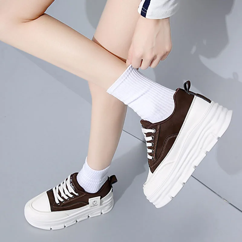 Sneakers basse casual da donna per primavera/autunno, scarpe da passeggio con suola spessa e vulcanizzata, allacciatura spessa e suola morbida._voghion.com
