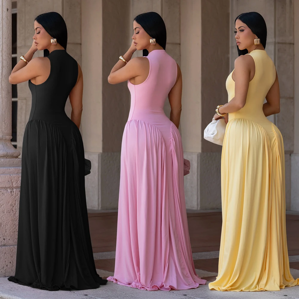 Modische Damenkleider Elegantes Ärmelloses Maxikleid mit Rundhalsausschnitt, Fließendem Stoff und Raffungen für Sommer 2026, Hochzeitsgäste und Urlaub – Detail 3