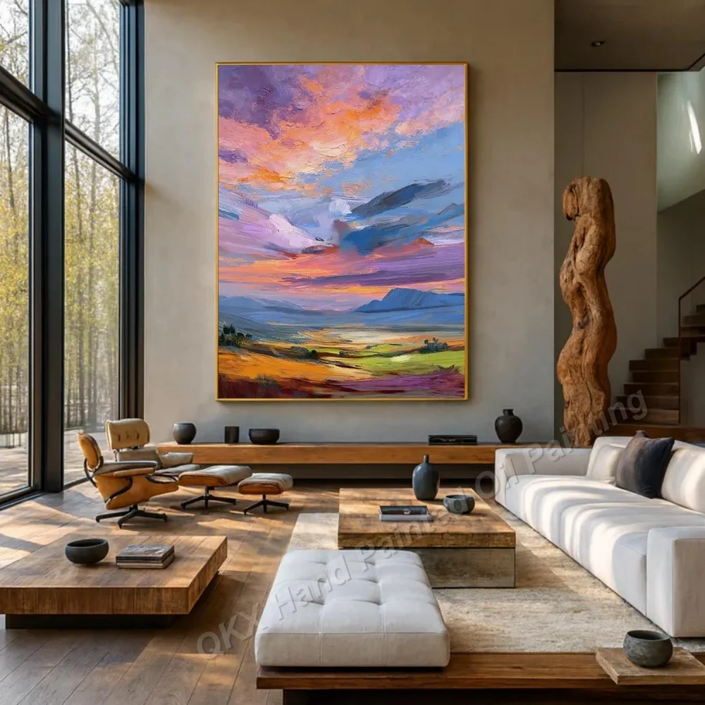 100% Handmade Oil Painting on Canvas Wall Art Decor for Living Room, Impasto Sunset Mountain Valley Vertical Art