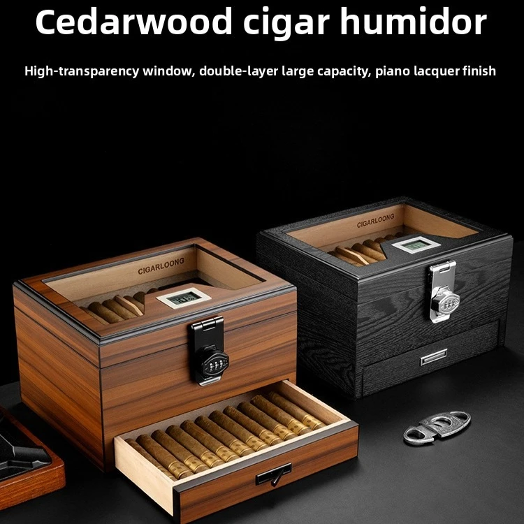 Cigar Humidor with Drawer Large Capacity Cedar Lined High Perspective Window Combination Lock Cigar Moisturizer Cigar Lover Gift