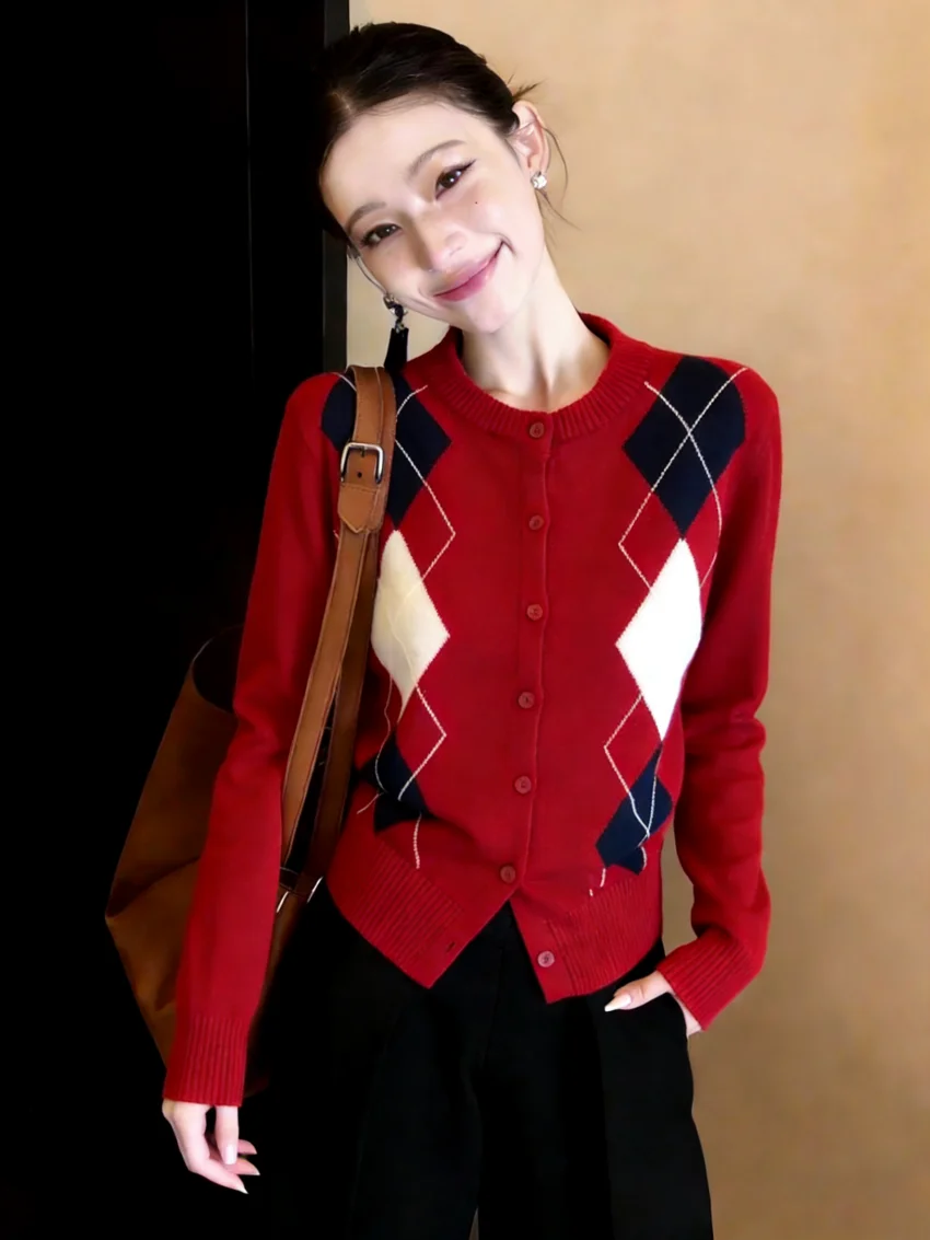 Retro Color Block Diamond Pattern Knitted Open Cardigan Women's Spring Summer Slim Fit round Neck Korean Style Top view 4