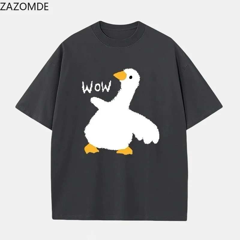 ZAZOMDE Korean Harajuku Casual T-shirt Cute Dancing White Goose Wow Slogan Front Print Crew Neck Loose Versatile Shirts 2026