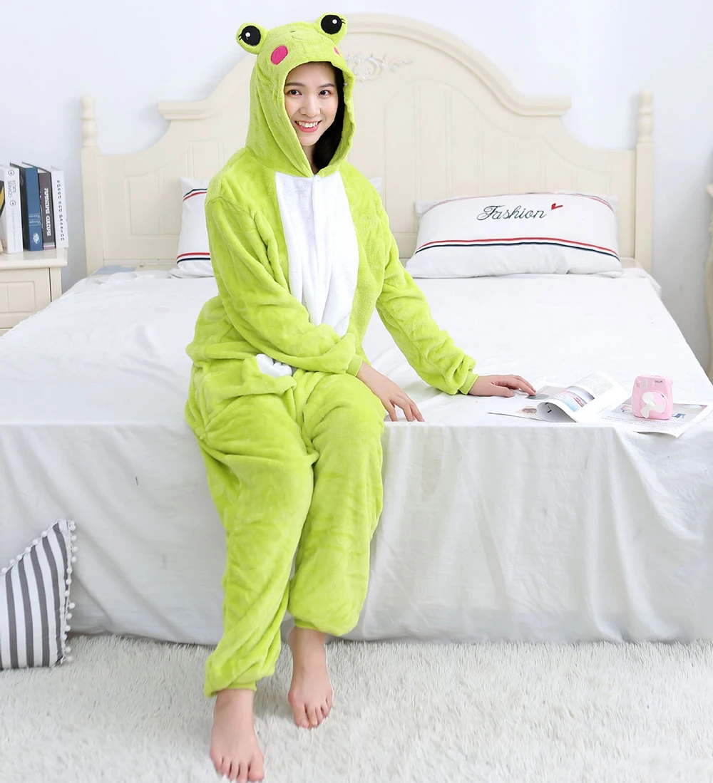 Green Frog Onesies Plush Pajamas Winter Flannel Warm Sleepwear Halloween Christmas Cosplay Costume Women Men Kids Family Costume