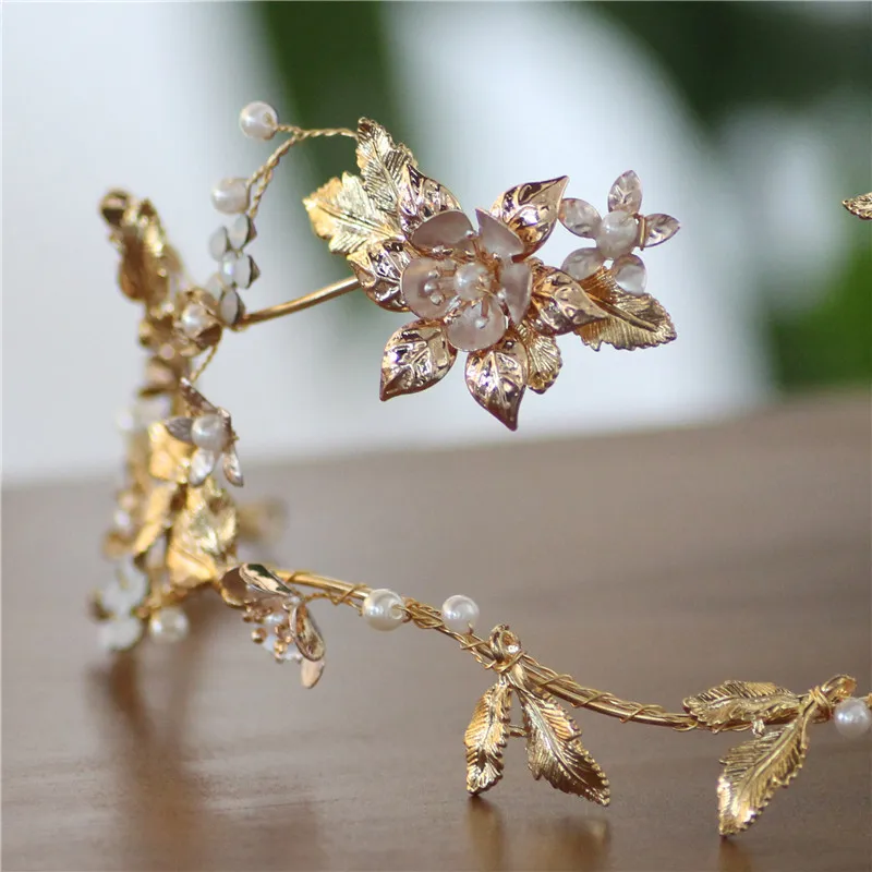 Gold Color Leaf Floral Wedding Tiara Hair Crown Rhinestone Accessories Handmade Bridal Headband Women Party Headpiece