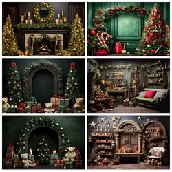 Christmas Tree Backdrop Fireplace Wreath Gift Green Wood Door Snowflake Holiday Family Party Photography Background Photo Studio