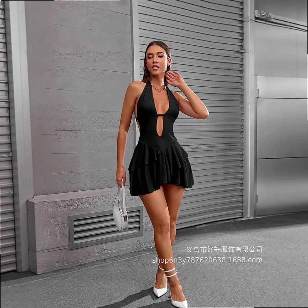 Sexy Backless Sleeveless Ruffle Hem Dress Summer Dresses for Women Bodycon Jumpsuit Playsuit