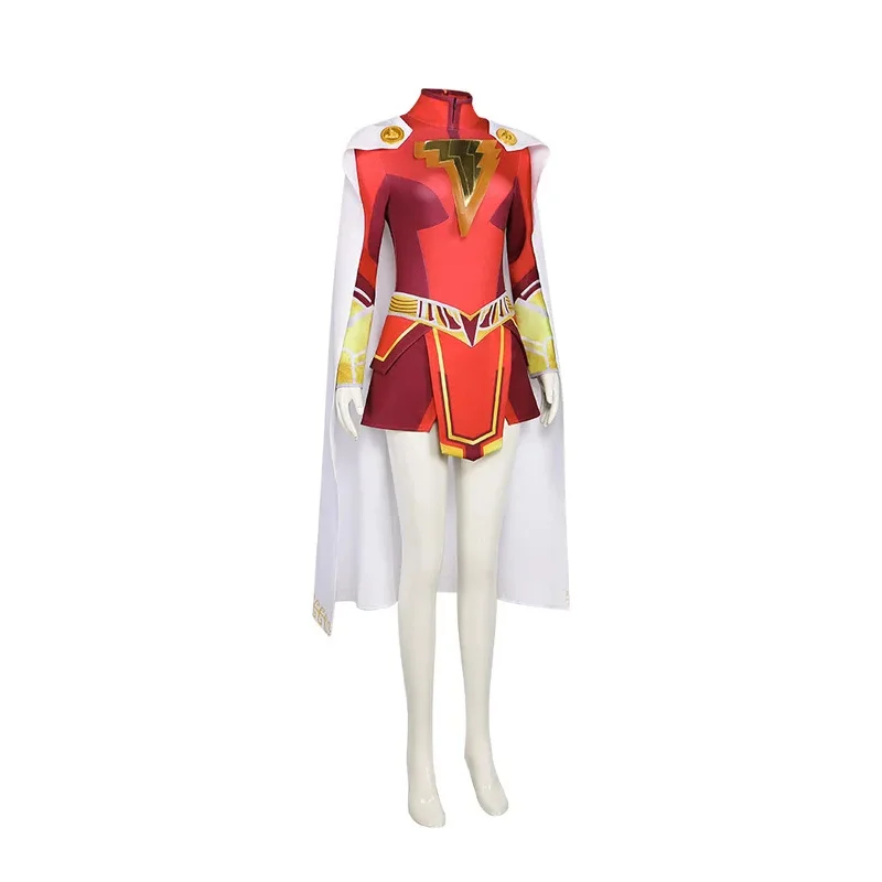 ▶❤Women Adult Mary Cosplay Costume Wig Fury Of The Gods Shazam Red Gold Superhero Suit With Cloak Halloween Jumpsuit❤◀ view 3