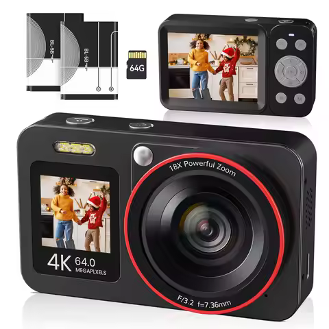 Cámara digital FHD 4K 64MP con pantallas duales Tarjeta SD de 64 GB 2 baterías, zoom 18X, cámara selfie recargable portátil antivibración