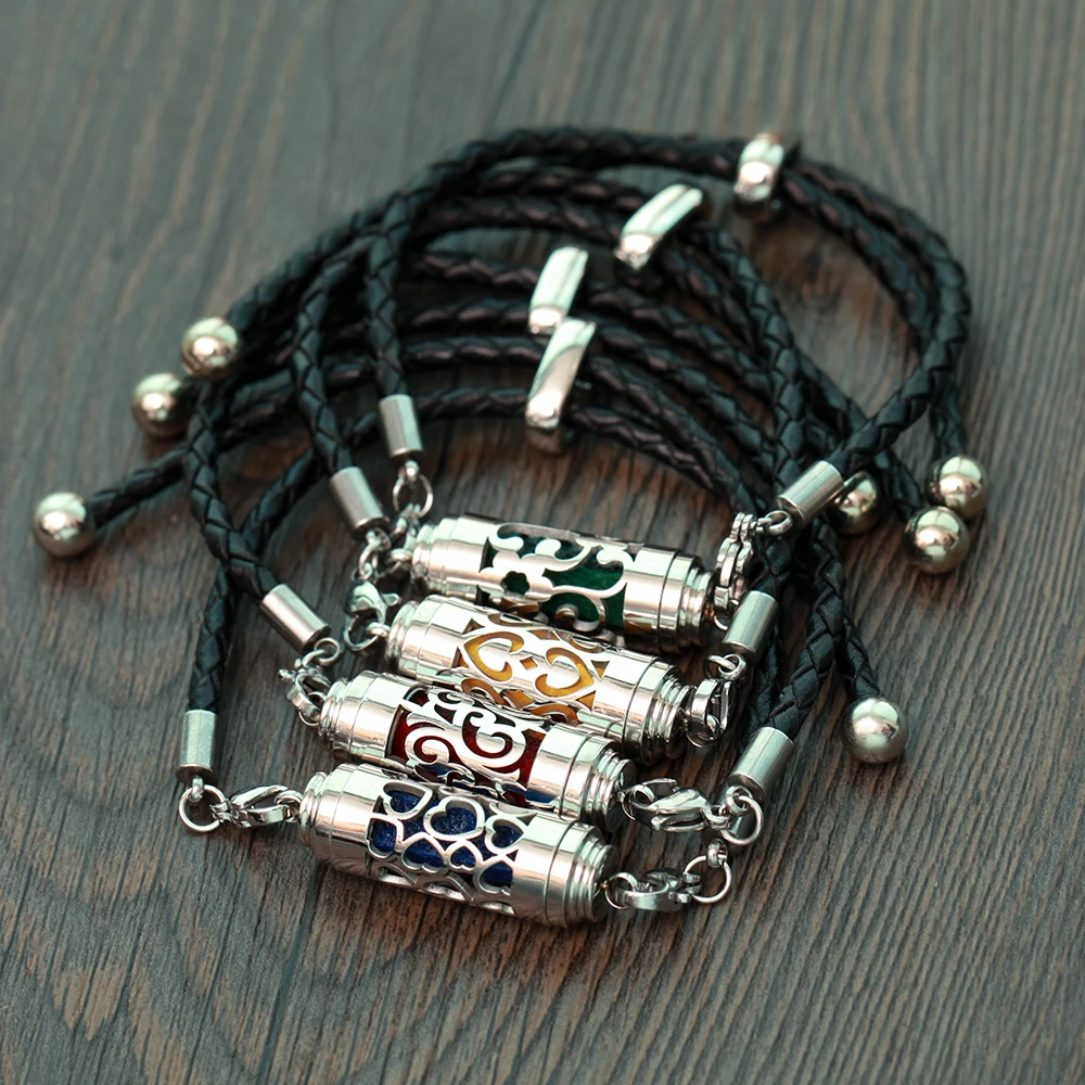 Black Leather Aromatherapy Bracelet Stainless Steel Locket Essential Oil Diffuser Bracelet Leather Charm Bracelets Aroma Jewelry
