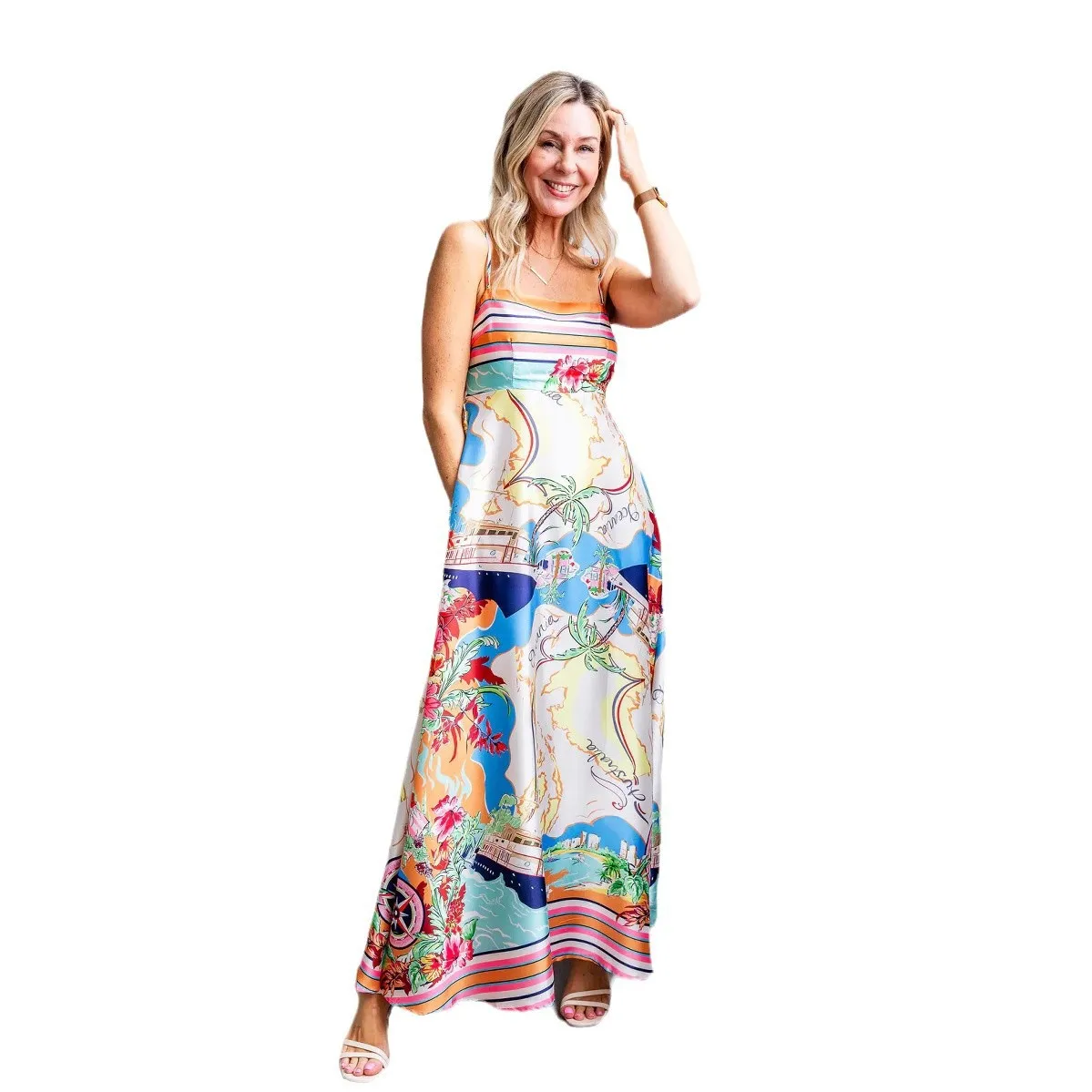 Letnia europejska i amerykańska nowa odzież damska Sukienka z wysokim stanem i nadrukiem w stylu wakacyjnym