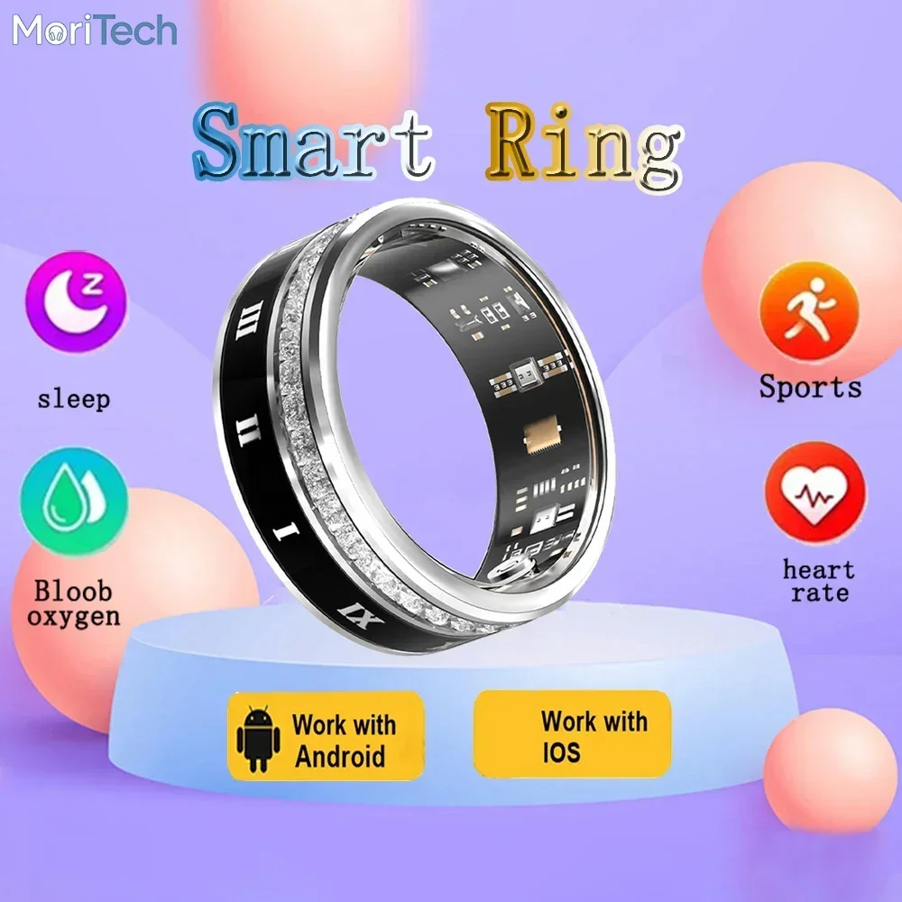 MoriTech Diamond Inlaid Smart Ring for IOS Android, Blood Oxygen Heart Rate Health Monitor Multi-sport Mode Smart Tracker