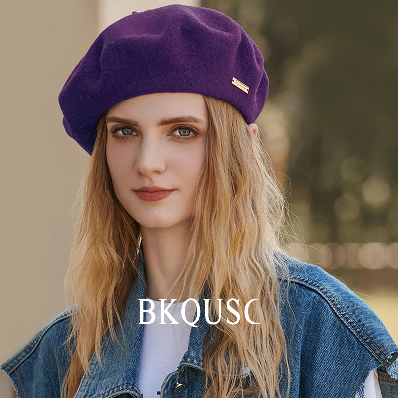 Women\'s Beret Purple Wool Hats 55-58cm Female Fashion Casual Wool Berets Winter Warm Solid Color French Artist Painter Hat