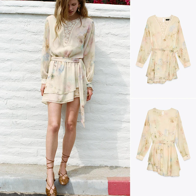 Gonna a trapezio a vita alta Dr con stampa all'uncinetto a colori con decorazione a strati rotonda da donna primavera estate