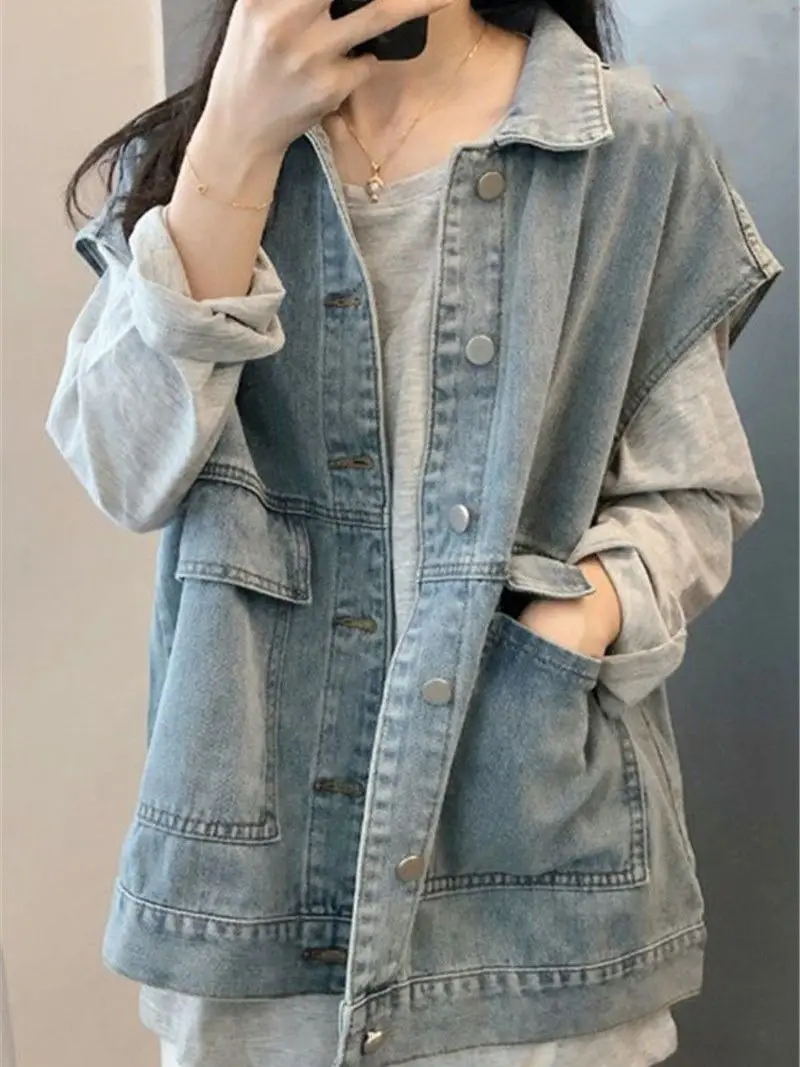 Denim Vest For Women Tops Cardigans Casual Outerwear Female Clothes Oversized Vest Blazer Jackets Ladies Wear Jeans Vests Tops