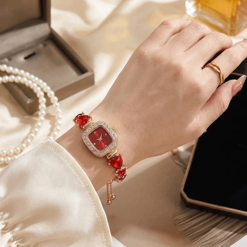 Adjustable Bracelet Watches Retro Elegant Rhinestone Bracelet Watch Heart-shaped Small Square Dial Ladies Business Watches Women