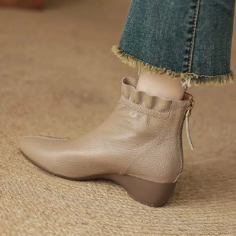 Winter Women Mid-calf Leather Boots Ruffled Pointed Toe Chunky Heel Lady Short Boot Fashionable Large Size Snow Boots Waterproof view 5