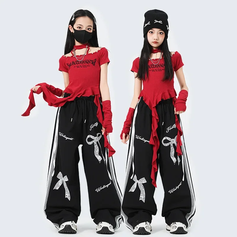 

Детский джазовый костюм K-pop, детская уличная одежда в стиле хип-хоп, пикантный укороченный топ для девочек нестандартной формы, свободные штаны для уличных танцев, комплекты групповой одежды для девочек