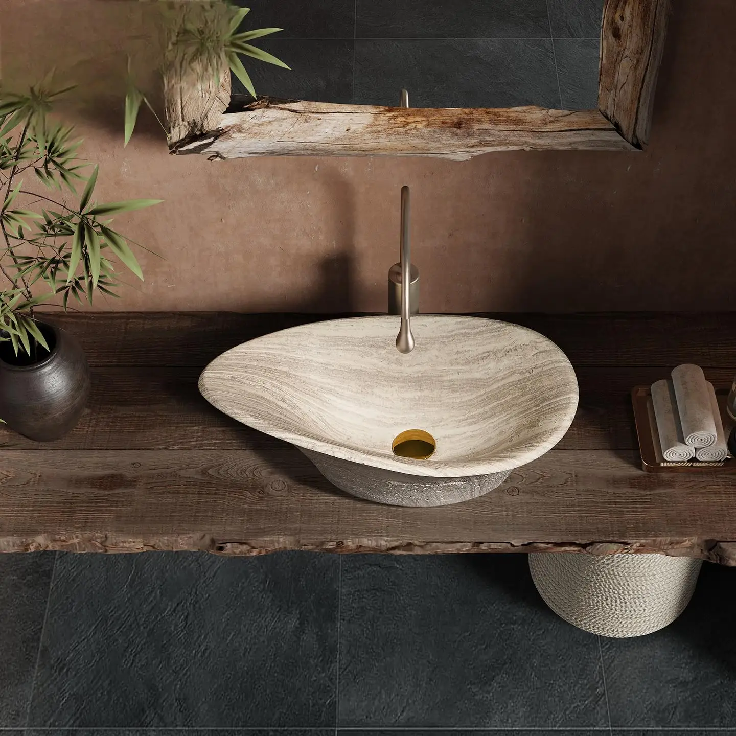 Vintage Beige Travertine Vanity Basin, Mid-century Modern Console Sink for Hotel Villa Resort Bathroom