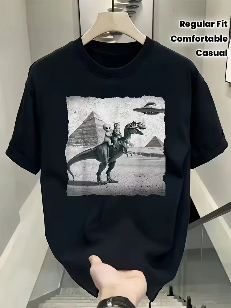 Men's Cat And Alien Riding Dinosaur Ufo Pattern T-Shirt Heavy Black Round Neck Casual Shirt S To Xxl Season Science Fiction Top