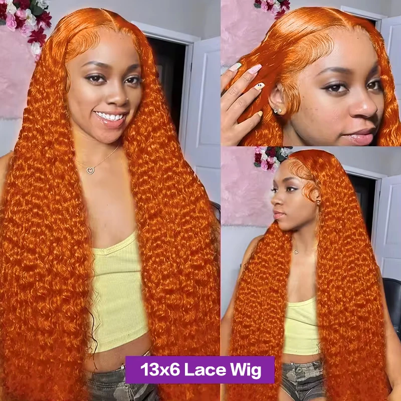 38 بوصة الزنجبيل الدانتيل الجبهة الباروكات شعر الإنسان موجة المياه العميقة الدانتيل شعر مستعار أمامي البرتقال الزنجبيل الباروكات شعر الإنسان 350 شعر مستعار ملون شعر مستعار مجعد
