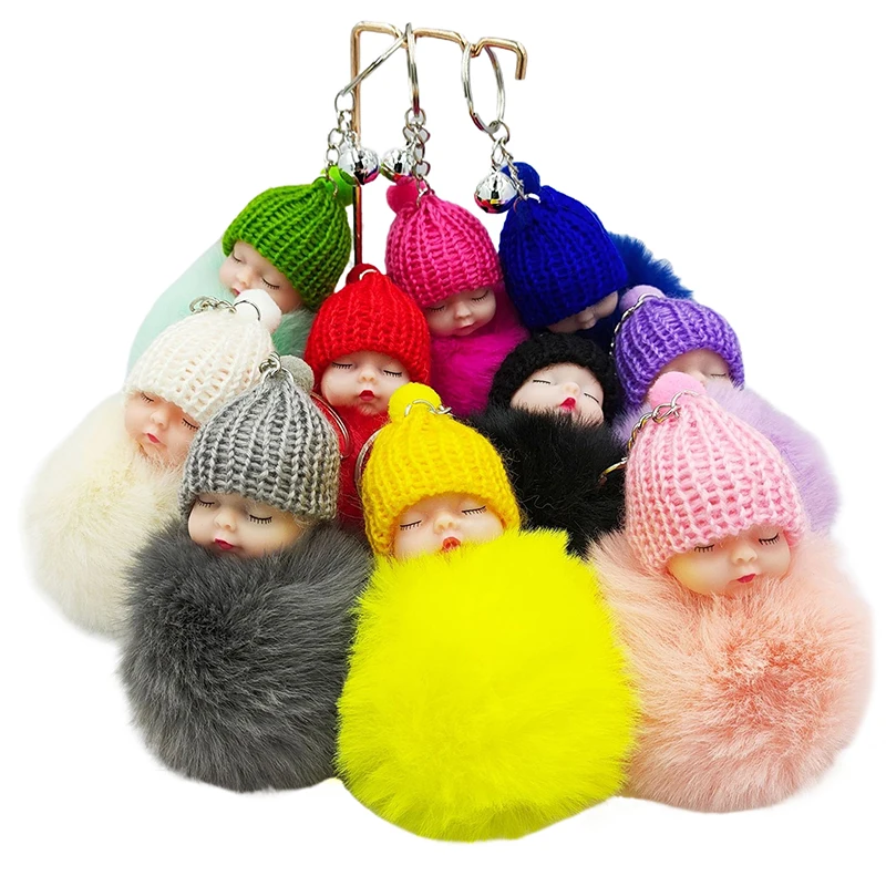 Multi-colored Knitted Hat Wear Fluffy Sleeping Baby Keychains Plush Doll Keyring Bag Accessories Hanging Holder Fashion Decor