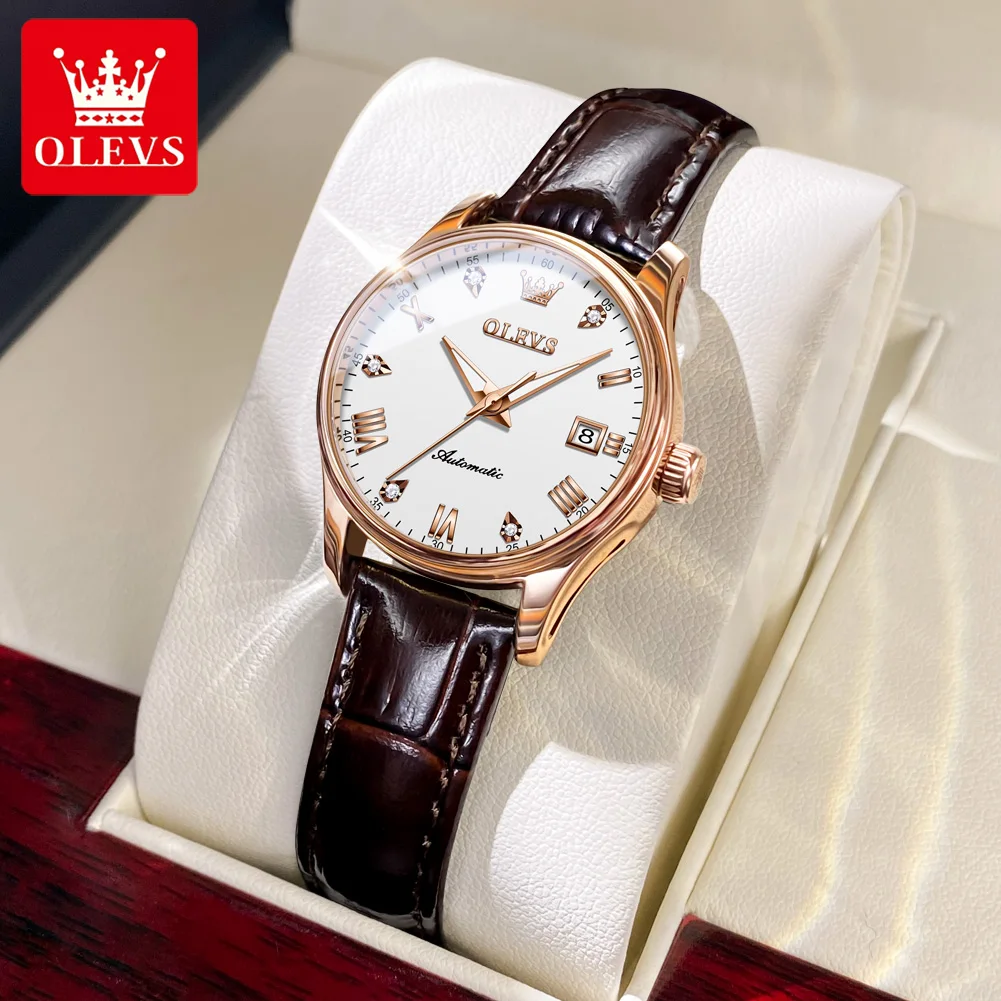 OLEVS 2023 New Automatic Winding Women Watch Genuine Leather Waterproof Date Mechanical Wristwatch Ladies Relogio Feminino