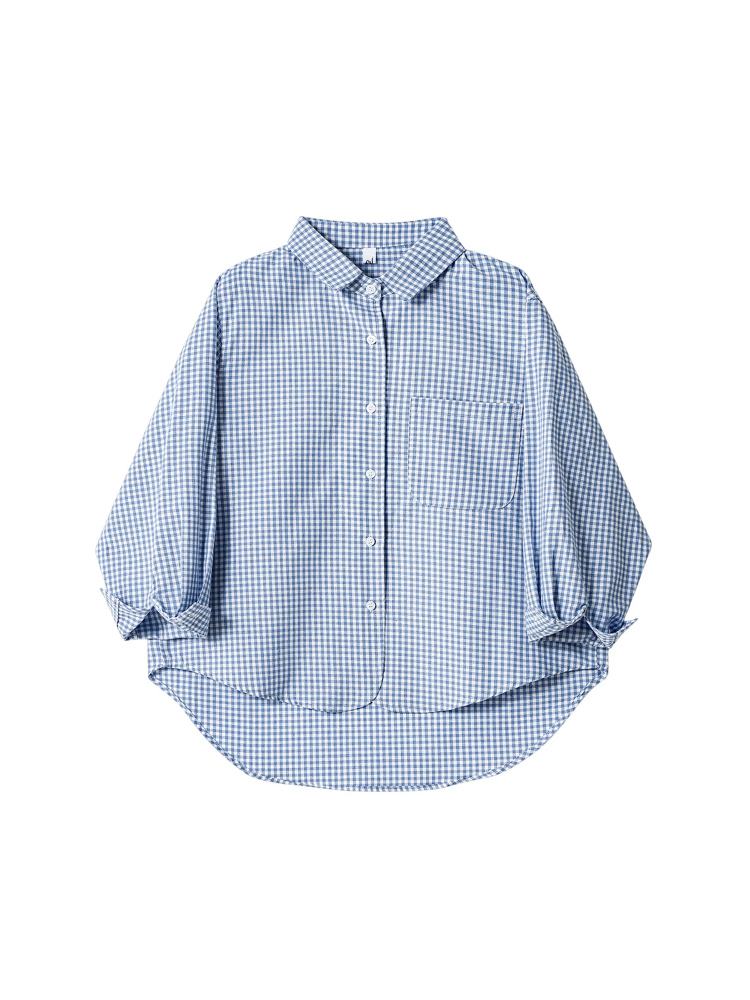 Women Blue Plaid Shirts Blouses Vintage Elegant 2000s Aesthetic Long Sleeve Polo-Neck Shirt For Women Spring Casual Clothes 2026