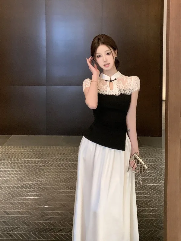 

Color Block Lace Patchwork Short Sleeve T-Shirt Women's Summer Chinese Style High Waist Skirt Two Piece Set Commute Style