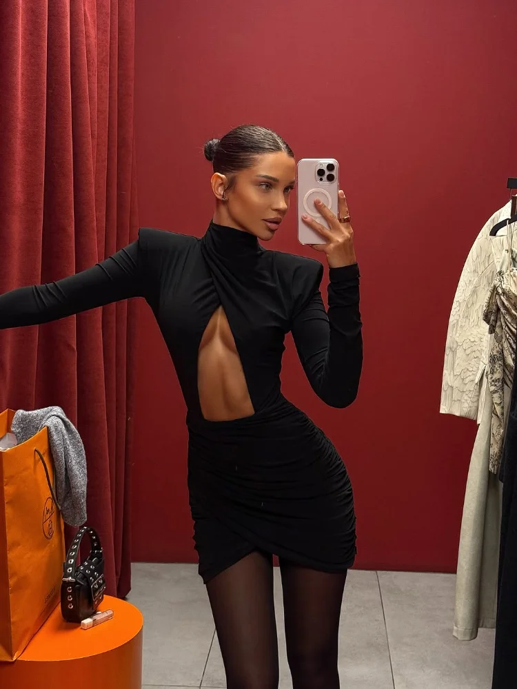 

Sexy Hollow-out Pleated Mini Dress Women Fashion Solid Half High Collar Long Sleeve Slim Dresses 2025 Lady Party Club Robes