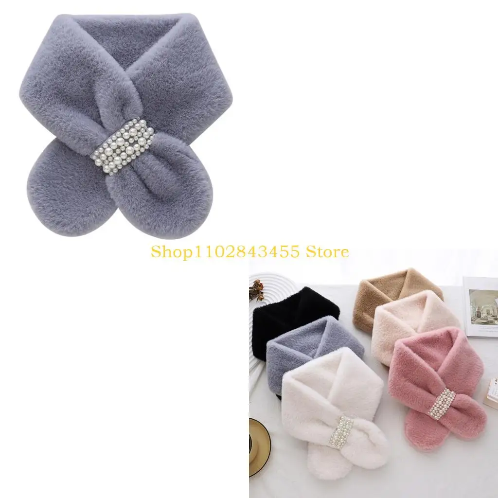 49MC Windproof Women Plush Neckerchief Warm Bib Pearl Buckle Scarf Plush Scarfs