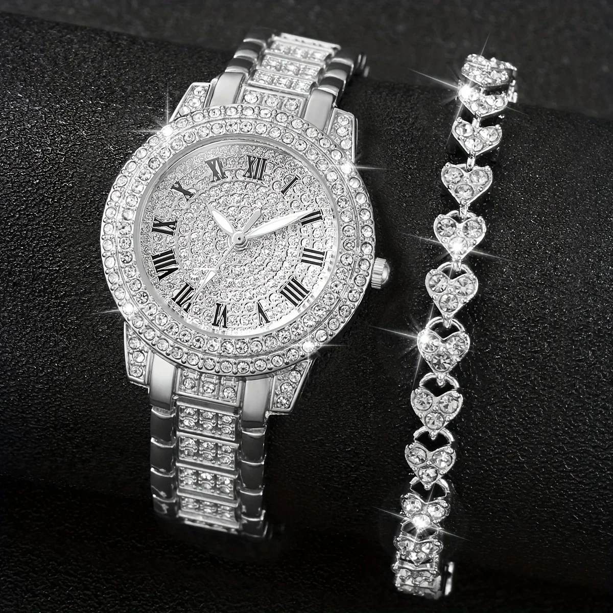 2PCS/Set Women's Watch Luxury Rhinestone Stainless Steel Quartz Watch Heart Bracelet Set(Without Box)
