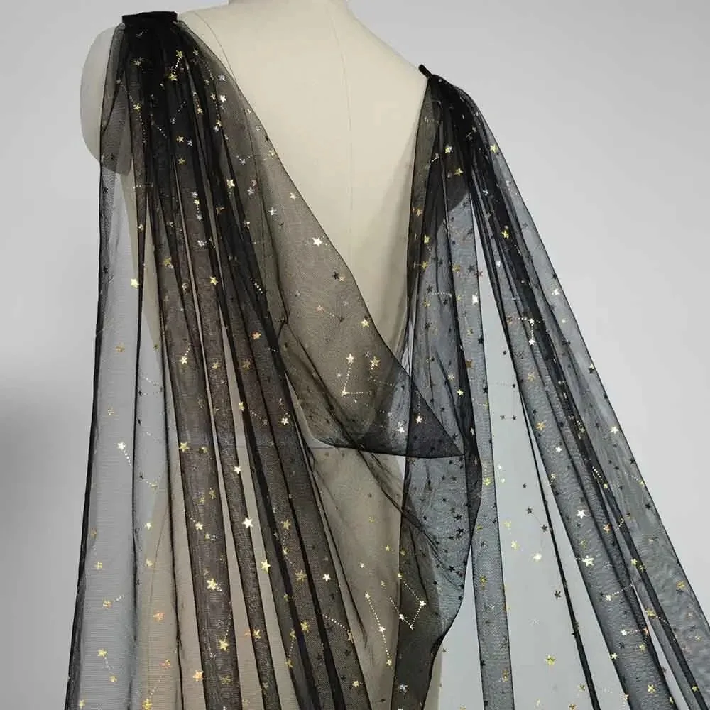 

Tailored wedding cloak, real photo made of black chiffon and gold stars, bride's 3-meter-long bridal jacket