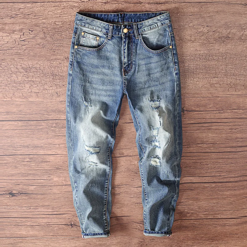 

Autumn new fashion brand high-end men's denim pants, classic blue distressed trend slim fit small leg pants