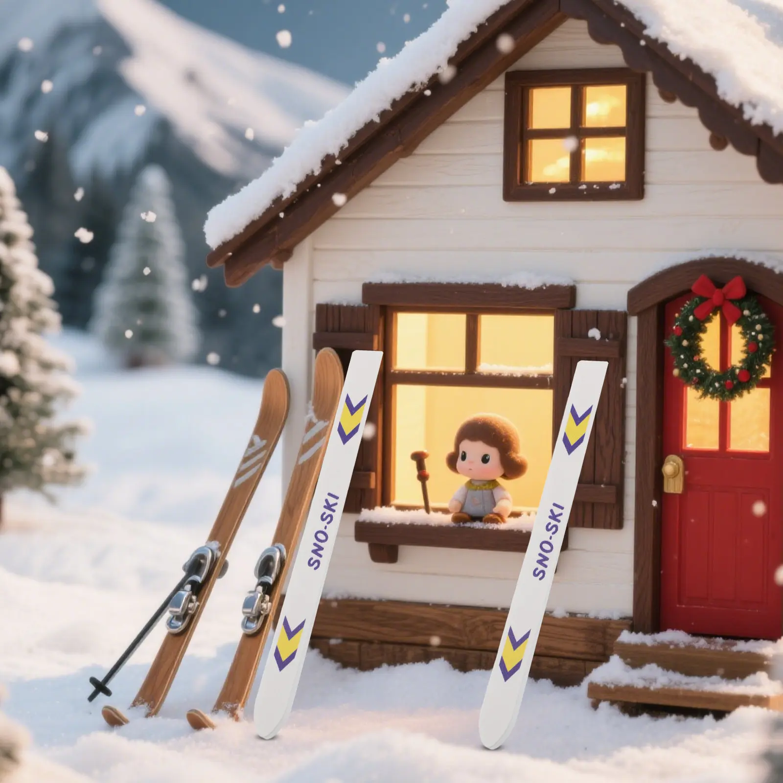 5Set Mini Skis Poles Miniature Winter Skiing Accessories Mini Christmas Holiday Decor Dollhouse Scene Miniature Skis with Poles