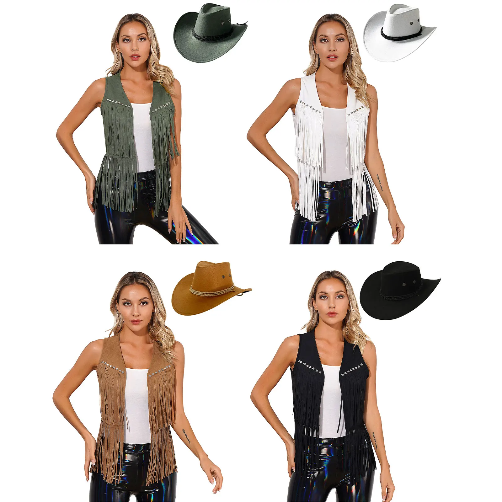 Western Cowboy Cowgirl Costume Faux Suede Tassel Vest Fashion Rivets Fringe Waistcoat Open Front Sleeveless Jacket with Hat