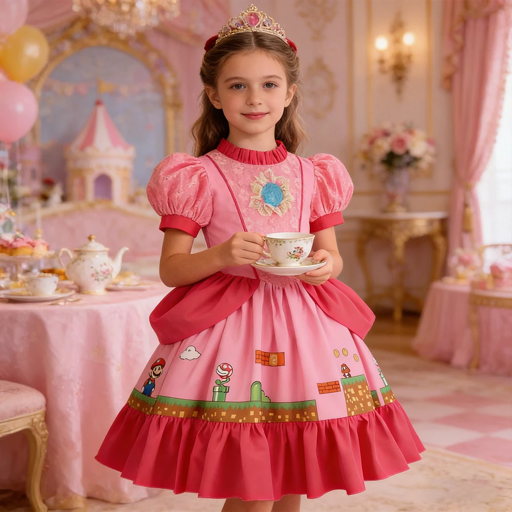 

Kids Girl Puffy Sleeve Princess Dress Elegant Girls Evening Birthday Party Dresses Children Pink Peach Princess Cosplay Costume